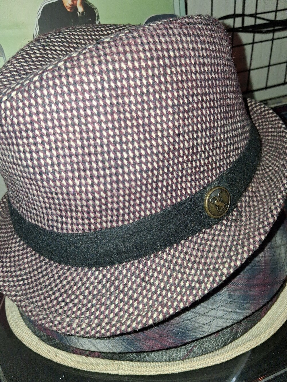 Men's Burgundy Houndstooth Fedora Hat with Black Band